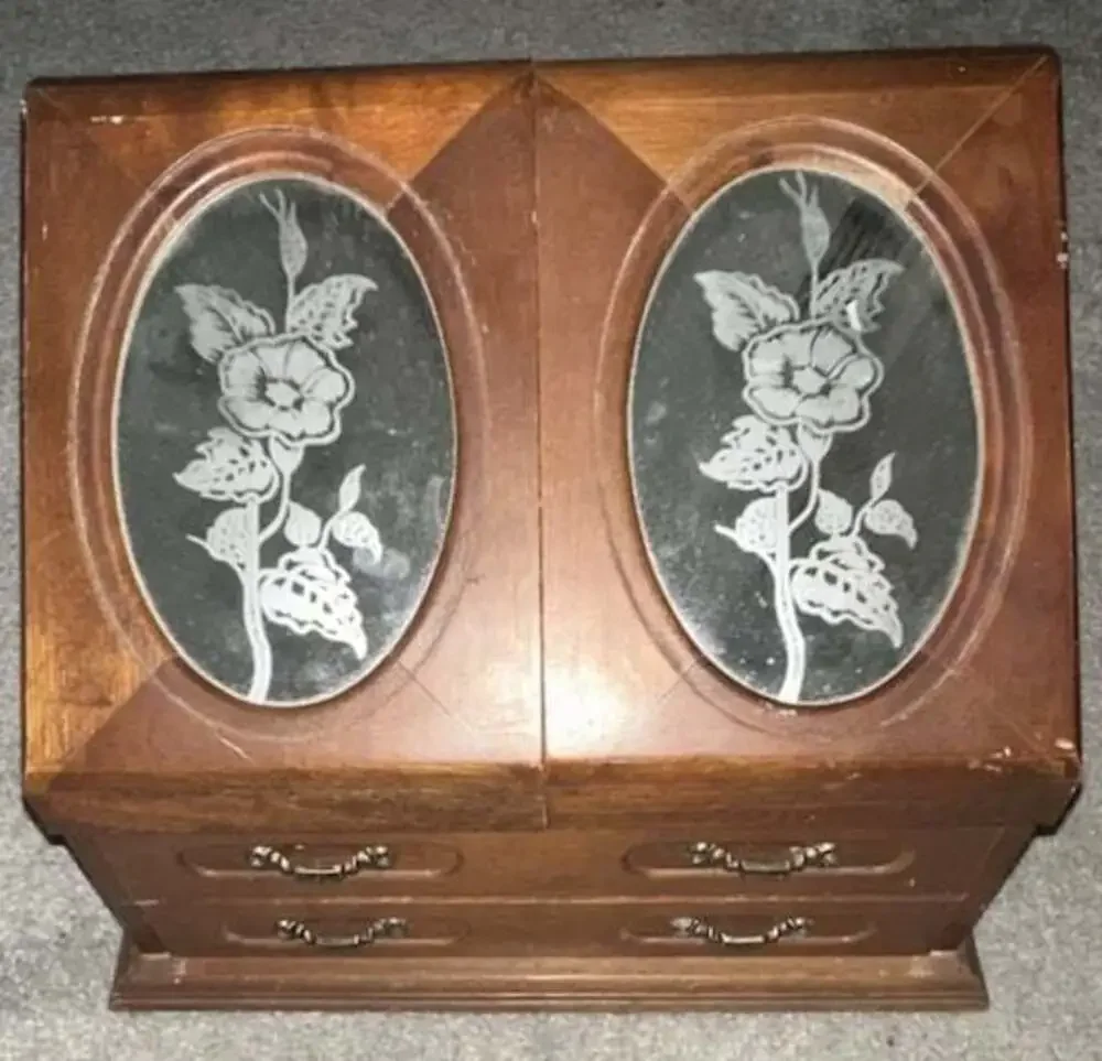 Vintage Wooden Jewelry Armoire Box with Floral Etched Glass Doors